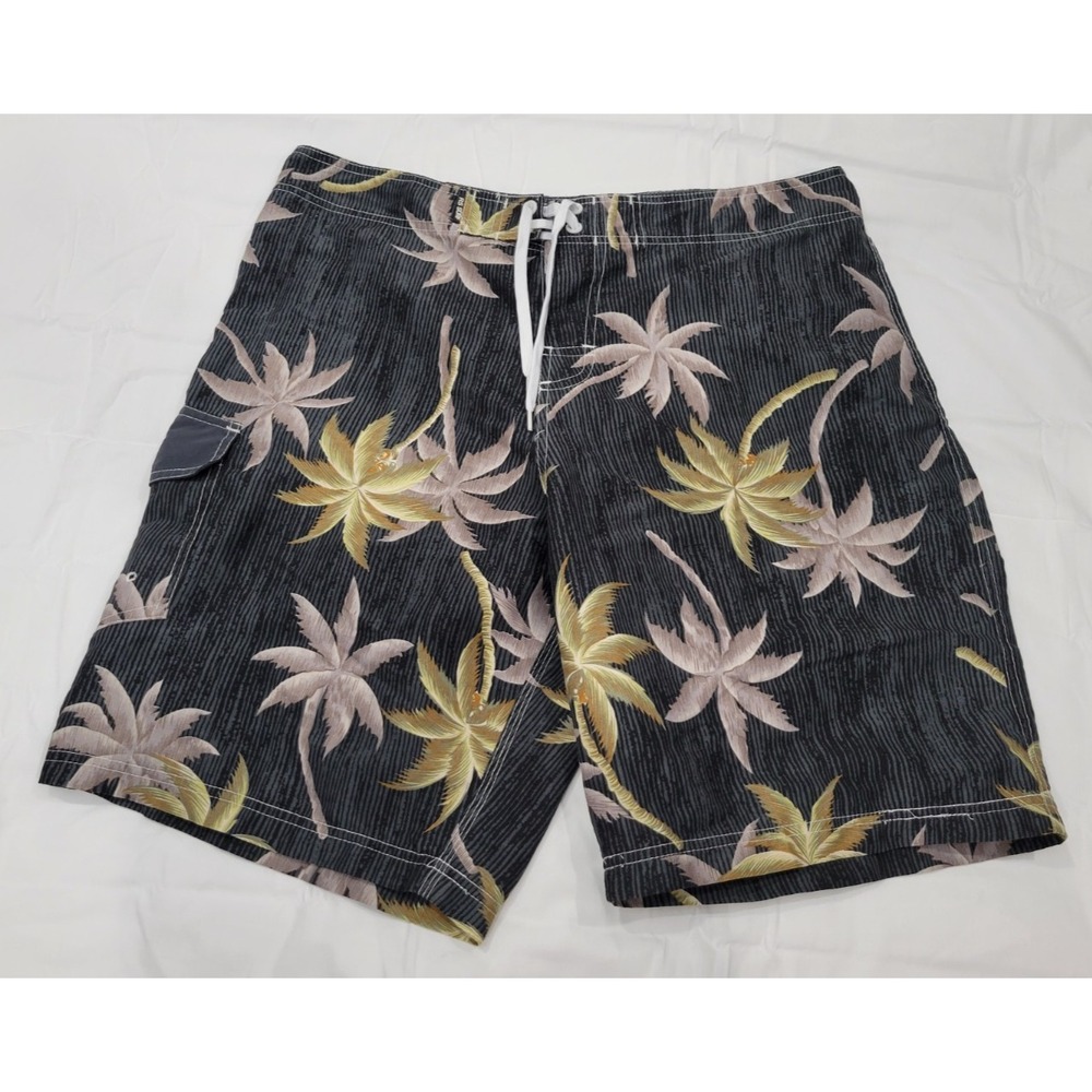 RS Surf Mens Swim Trunks Board Shorts 38 Palm Tree Print Black Gray Drawstring